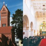 Church architecture showing red brick exterior and ornate interior design with altar and chandeliers
