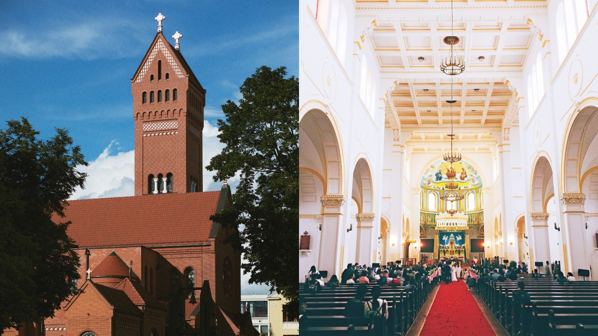 Church architecture showing red brick exterior and ornate interior design with altar and chandeliers